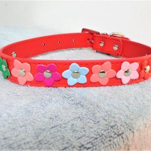 NEW RED LEATHER FLORAL FLOWER DOG PET COLLAR LARGE